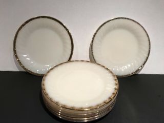 8 Anchor Hocking Milk Glass Dessert Plates W/gold Rim Scalloped Edge Swirl 7.  5 "