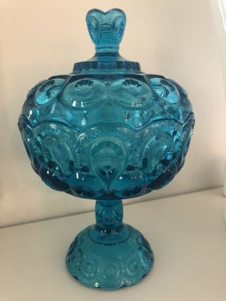 Le Smith Moon & Stars Glass Blue Compote With Lid 10”