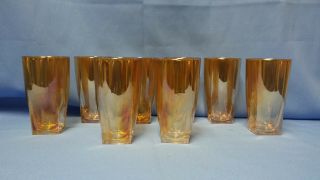 8 Vintage Iridescent Marigold Gold 5 " 8 Oz.  Square Bottom Tumblers Glasses