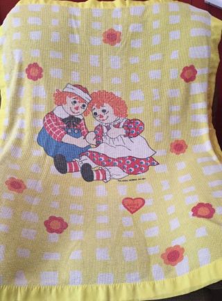 Raggedy Ann & Andy Vintage Yellow Thermal Waffle Weave Blanket Bobbs Merrill Htf