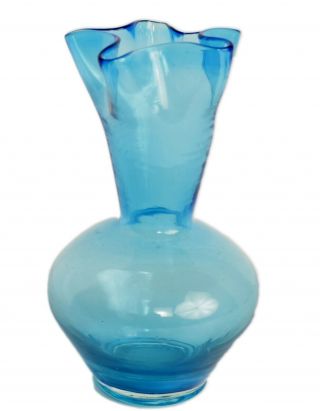 Mouth Blown Pinched And Fluted Peacock Blue Small Vase 6 Inches