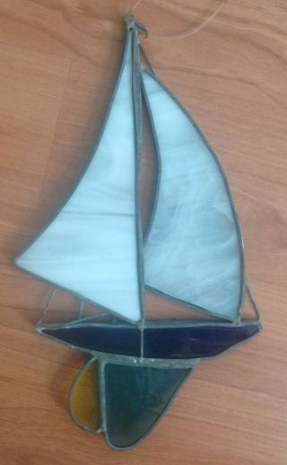 Vintage Stained Glass Sun - Catcher Sailboat Ornament White,  Blue,  Yellow