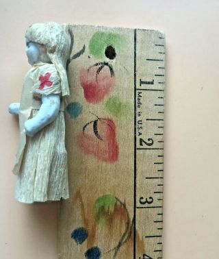 Antique Nurse Frozen Charlotte 2.  5 " All Bisque Miniature Dollhouse Doll