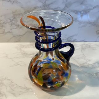 Vtg Hand Made Blown Art Glass Bud Vase With Handle Blue/orange On Clear 5” Tall