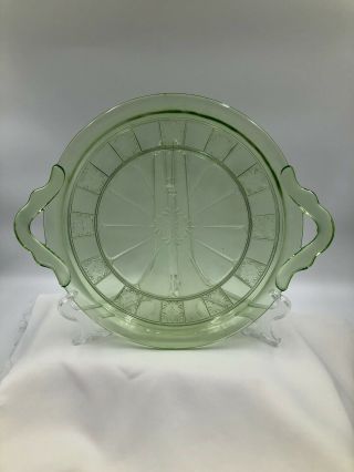 Depression Cake Plate Jeannette Glass Handled Doric & Pansy Green 1937 - 1949