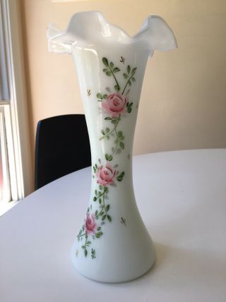 Vintage Milk Glass Vase Hand Painted Roses Fenton Or Bristol? 10 1/2 " Tall