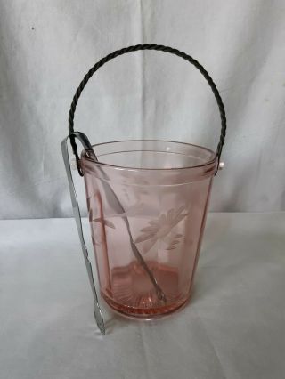Pink Depression Glass Floral Etched Ice Bucket
