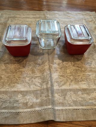 Vintage Set Of Three Pyrex 2 Red /1 Clear Refrigerator Dishes With Lids