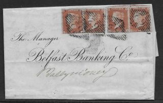 Gb Queen Victoria 1854 Imperf Penny Red X 4 Wrapper Belfast To Ballymoney.  Look
