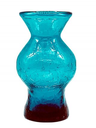 Vtg Mcm Blenko Art Glass Wide One Ball Teal Blue Crackle Glass Spittoon Vase 5”h