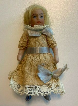 Antique All Bisque German Miniature Painted Face Doll Articulated 2 - 3/4 "