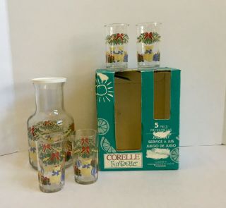 Corelle Christmas Holiday Magic Funtastic Juice Carafe Set With 4 Glasses