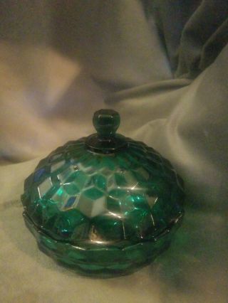 Green Blue Riveria ? Glass 5.  5 " H× 5.  5 In Diameter Candy Dish With Lid