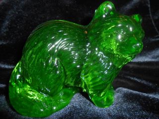 4 " Green Vaseline Uranium Glass Raccoon Paperweight Figurine Animal Solid Forest