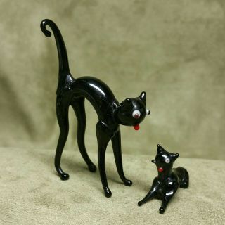 (2) Vintage Miniature Hand Blown Art Glass Black Halloween Cats (occupied Japan)