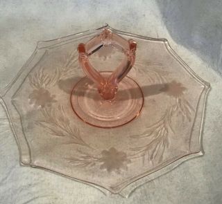 Vintage Pink Depression Glass Cake or Sweets Plate Octagonal With Handle 2