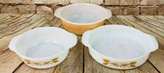 Vintage Set Of 3 Anchor Hocking Fire King Baking Dishes Iridescent Wheat Design