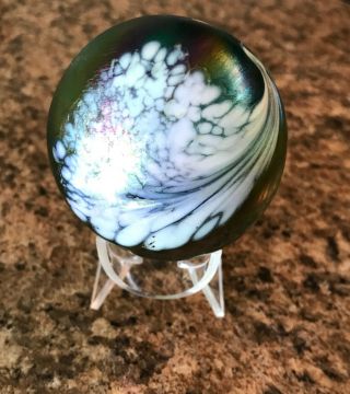 Vintage Iridescent Glass Paperweight With Two White Waves