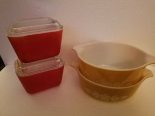 Vintage Pyrex Red Refrigerator Dishes With Lids And 2 Butterfly Gold Dishes