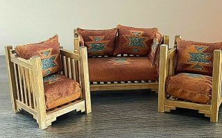 Ooak Miniature Artist Western Sofa Couch Two Chairs Mission Style Cushions