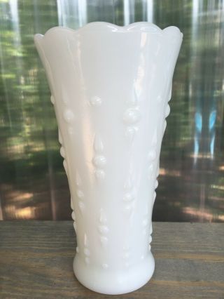 Vintage Milk Glass Vase With Dot & Teardrop Pattern And Scallop Top