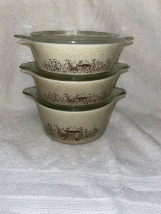 Vintage Pyrex Casserole Bowls With Lids Forest Fancies Mushroom 473 - B Two 471 - B