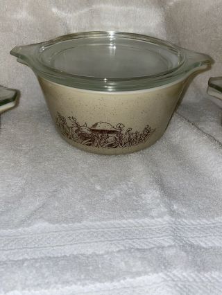 Vintage Pyrex Casserole Bowls with Lids Forest Fancies Mushroom 473 - B Two 471 - B 3