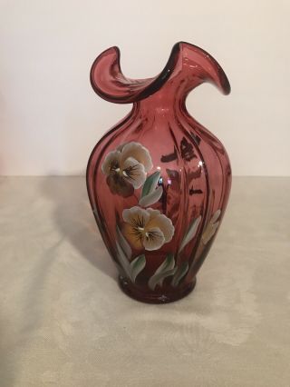 Fenton Art Glass Cranberry Rib Optic Hp Pansy 7.  5” Vase.  Signed George Fenton.