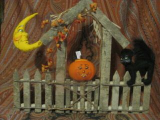 Vintage 2002 Annalee Wooden Halloween Fence Black Cat - Moon - Jack O 