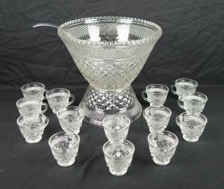Anchor Hocking Glass Clear Wexford Punch Bowl 14 Cups Ladle Set