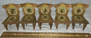 Antique Toy Abc Paper Litho On Wood Set Of Five Chairs Vintage Doll House Bliss
