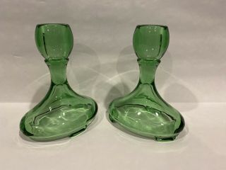 Pair Green Depression Glass Oval Base Candlesticks Candle Holder
