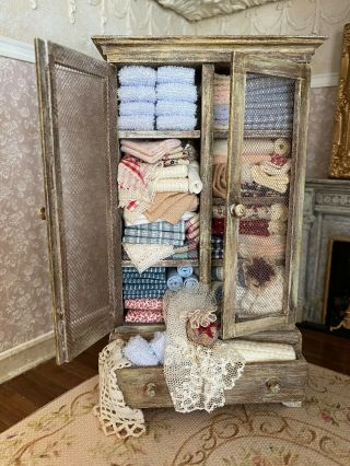 Vintage Miniature Dollhouse Artisan Made Unique Distressed Filled Linen Closet