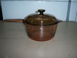 Euc Amber Corning Visions 2.  5 L Pan With Lid And Tab Handle