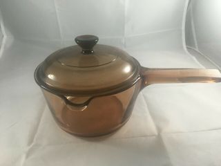 Vintage Corning Pyrex Vision Ware 1l Amber Glass Pot Sauce Pan W/ Lid France.  C10