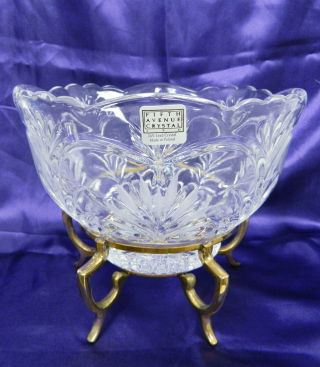 Vintage Madrid Hand Cut Crystal Bowl Poland W/ Brass Stand Pedestal India