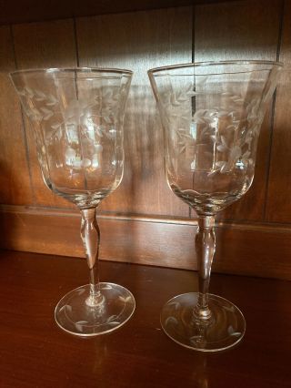 Vintage Etched Crystal Wine Glasses Set Of 2 Flower And Leaf Pattern 7.  75”
