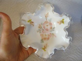 Vtg Fenton Silvercrest Milk Glass Ruffle Rose Blossom Flower 6 " Bowl Scalloped