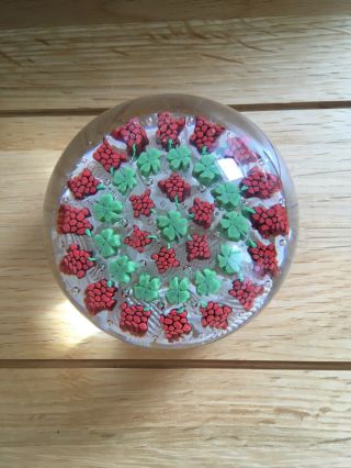 Paperweight Glass Murano Millefiori Red And Green With Four Leaf Clovers