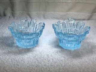 2 Vintage Mcm Viking Art Glass Icicle Glimmer Votive Candle Holders Blue