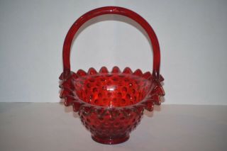 Vintage Fenton Ruby Red Amberina Hobnail Ruffled 7 " Glass Basket