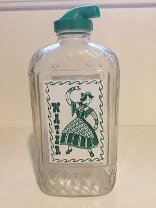 Vintage Refrigerator Jar Water Jug Ribbed Glass Green Plastic Lid Pour Spout