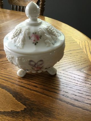 Vintage Grape Pattern Milk Glass Low Footed Candy Dish With Lid