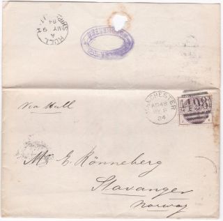 1884 Kessler & Co Manchester To Stavanger Norway 2½d Perfin Hull Ship Letter