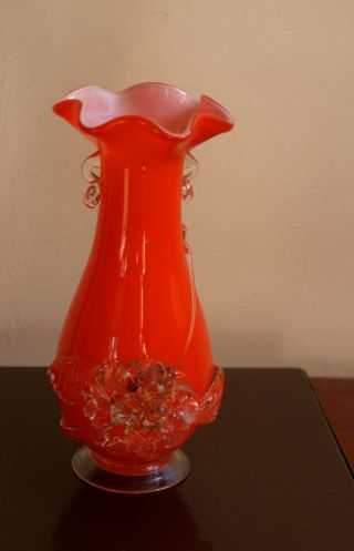 Vintage Murano Style Glass Orange Vase With Flower Height 7.  5 "