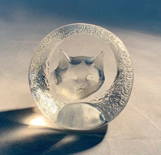 Mats Jonasson Cat Paperweight - Sweden - Carved Crystal - Signed - 9176 - 2
