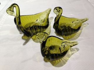 Vintage 1960 ' s Hand Blown Murano Glass Swan Bird Olive Green Candy Dish Decor 2