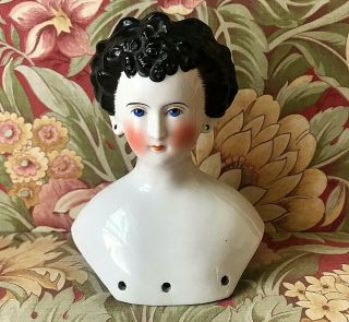 Lovely Antique Fancy Hairdo China Head Doll With Pierced Ears
