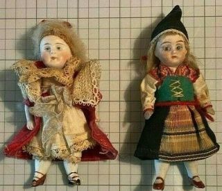 2 - Antique Bisque Mignonette German Dollhouse Doll 3 1/2”