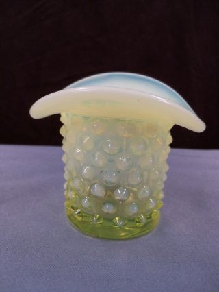 Fenton Topaz Opalescent Vaseline Glass Hobnail Mini Miniature Hat Shaped Vase